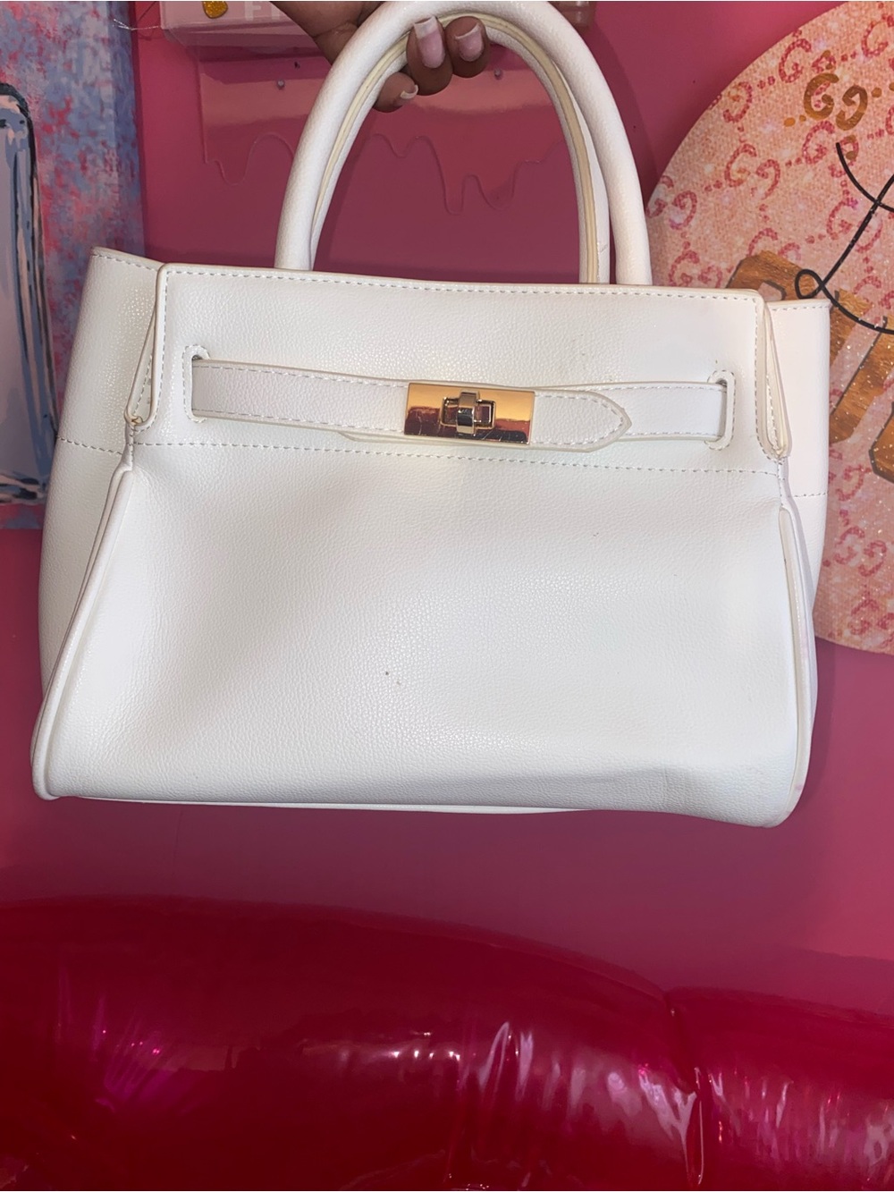 Fashion Nova White Top-Handle Satchel with Gold Hardware